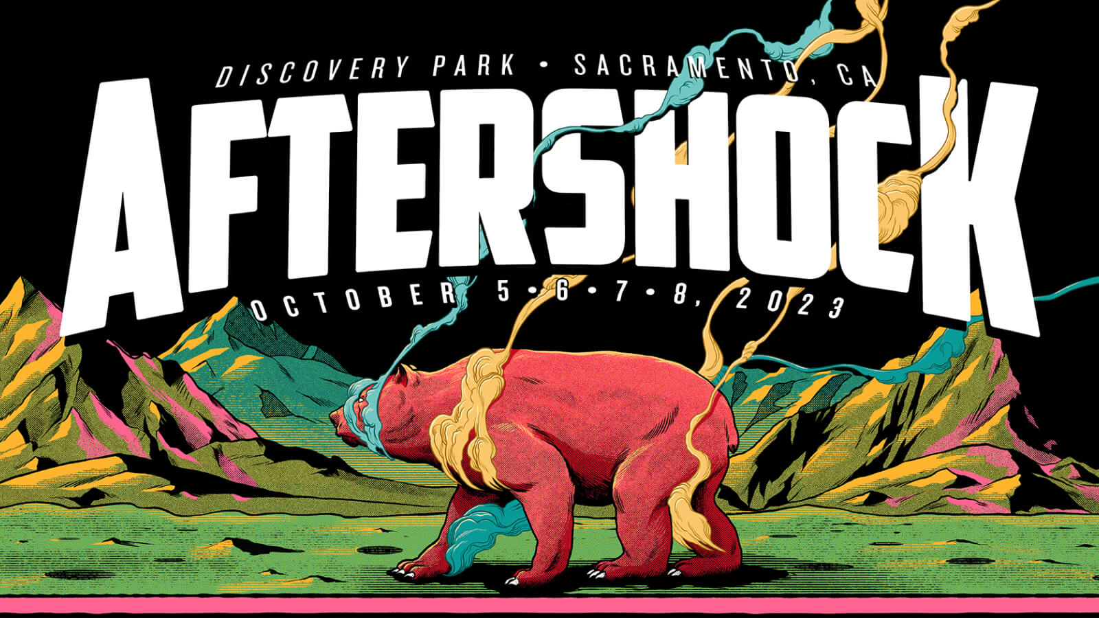 Aftershock concert banner with graphic of bear. 