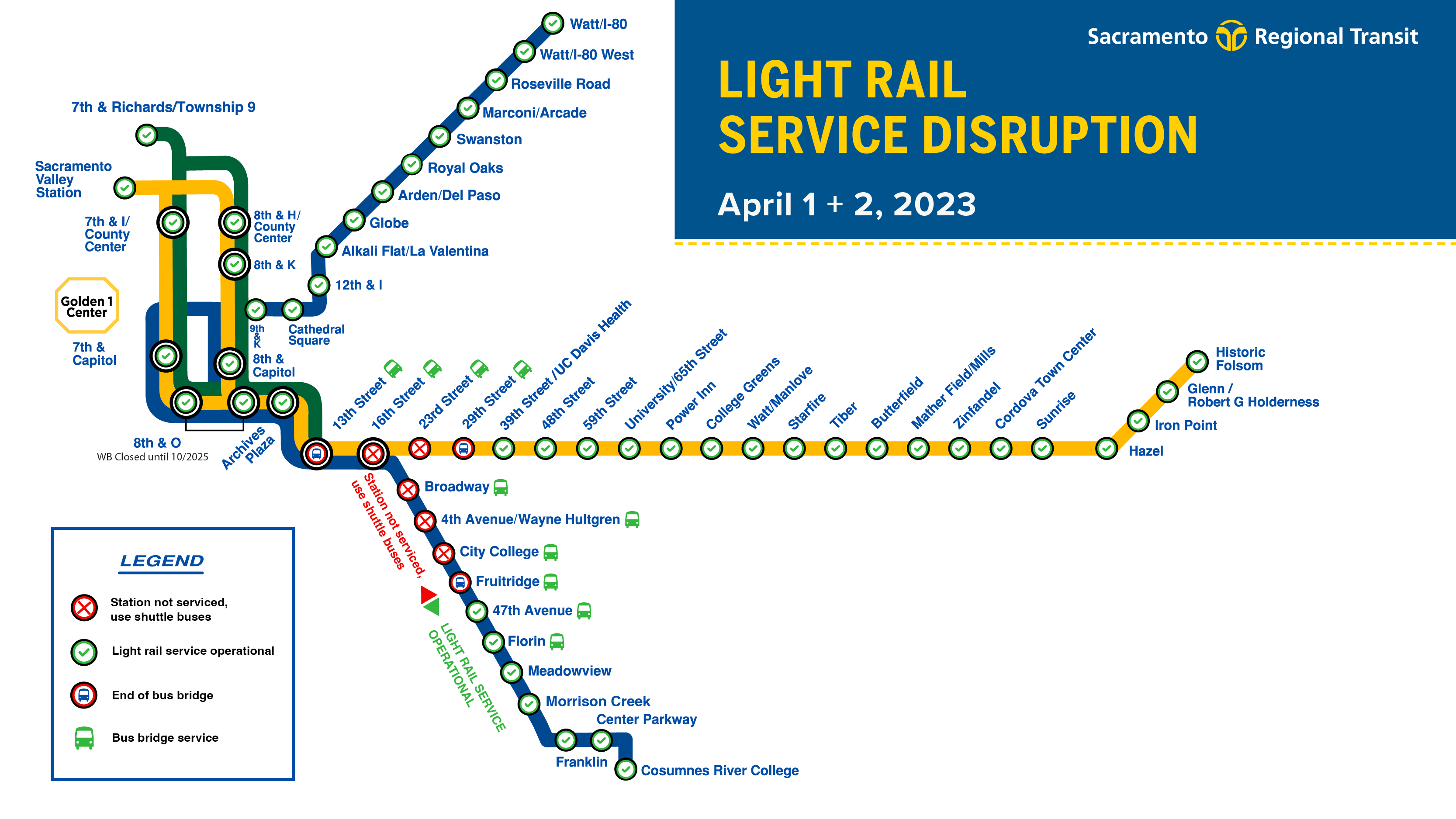 Light rail service disruption April 1 and 2. Map of stations.