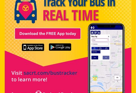 Track your bus in real time. Download the Free app today. Graphic of iphone with bus tracker app on screen. Google Play icon. App Store icon. Visit sacrt.com/bustrackker to learn more. SacRT logo.