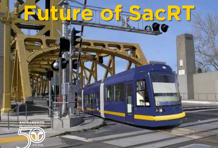 Photo rendering of downtown streetcar and text that says "future of SacRT"
