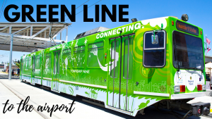 Photo of green line train. Text that says Green line to the airport