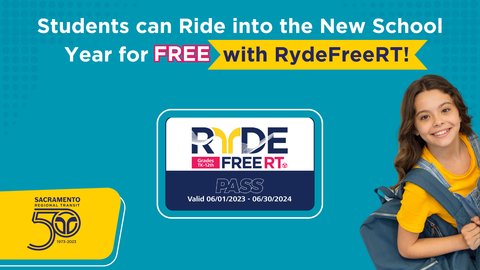 Students can ride into the new school year for FREE with RydeFreeRT. Photo of a student with backpack and image of rydefreert card. 